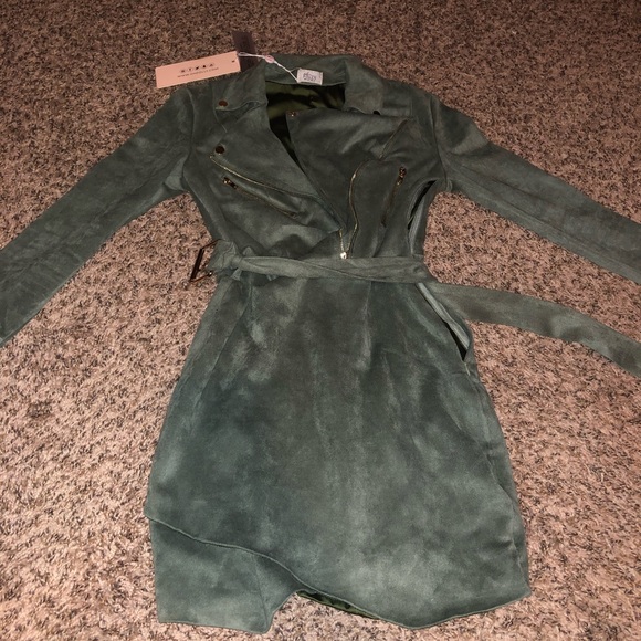 NWT Oh Polly Green Suede Biker Mini Dress - Picture 1 of 3